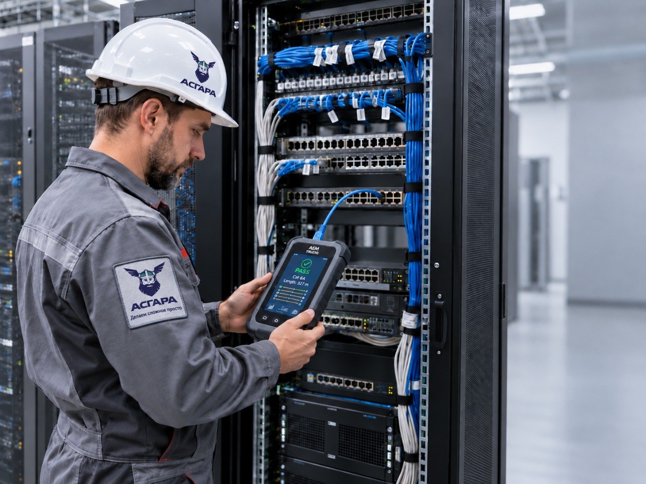 Инженер АСГАРД тестирует кабельную линию СКС анализатором AEM TestPRO у патч-панели